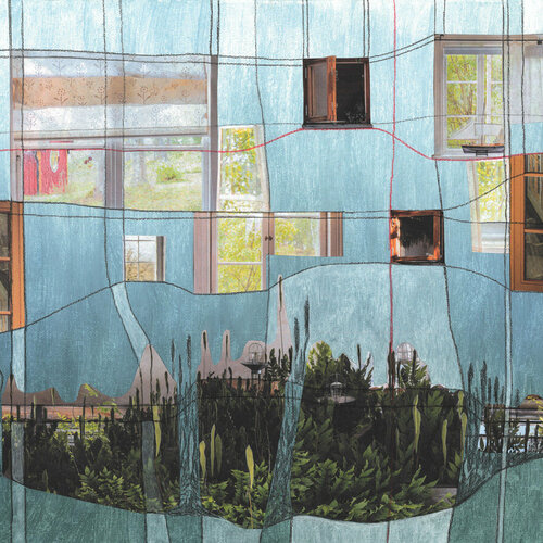 Doris Karner | Collage/Mischtechnik auf Malpappe, Titel: sunken windows, 2022