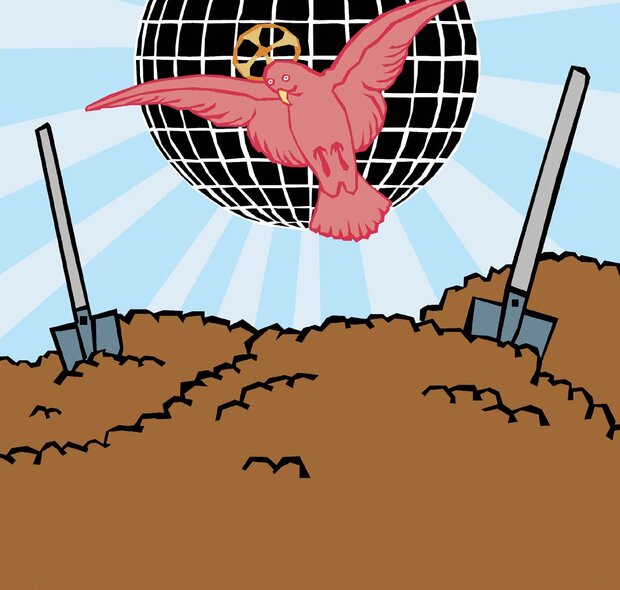 Illustration mit einer pinken Taube, die vor einer großen, schwarz-weißen Disco-Kugel mit goldenem Ventilrad fliegt. Unten sind Erdhaufen mit zwei Schaufeln zu sehen.