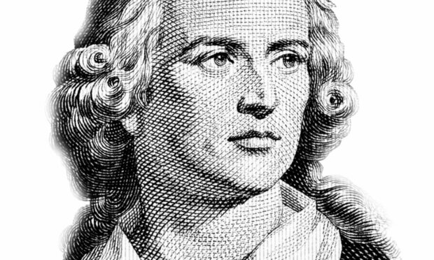 Schwarz-weiße Illustration eines Mannes im historischen Stil mit gelocktem Haar und ernstem Gesichtsausdruck. Kupferstichartige Darstellung auf weißem Hintergrund.