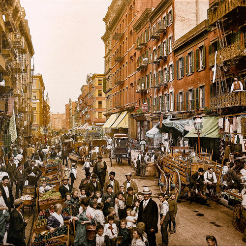 Mario Unger | New York, Mullberry Street; damals "Chinatown", 1900. 50+ Stunden, Restaurierung und Kolorierung, aufwendig restauriert und koloriert, auf Keilrahmen und hochwertiger Hahnemühle Leinwand, 80x60cm Euro 280,–