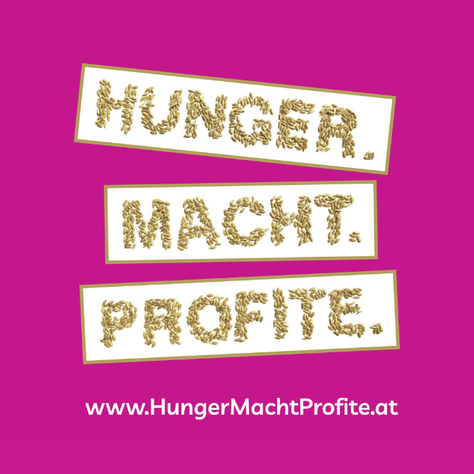 Grafik mit der Aufschrift ‚HUNGER. MACHT. PROFITE.‘, geschrieben aus Getreidekörnern auf weißem Hintergrund mit pinkem Rahmen. Darunter steht die Website www.HungerMachtProfite.at.