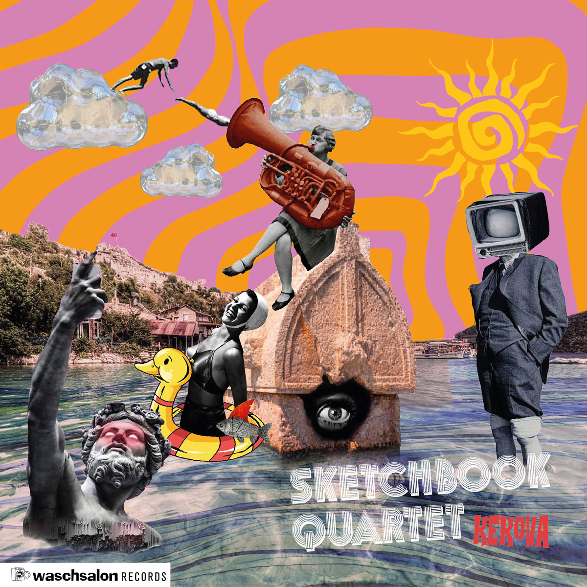 Buntes, surreal gestaltetes Albumcover. Zu sehen sind ausgeschnittene Figuren und Objekte wie eine Statue, eine Person mit Fernseher als Kopf, eine Frau im Schwimmring, eine Ente, Wolken und eine Sonne. Im Hintergrund sind Wasser, eine Küstenlandschaft und ein Muster in Orange und Rosa zu sehen. Unten steht der Text: „Sketchbook Quartet – Kekova“ sowie das Logo von „Waschsalon Records“.